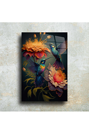 Sinek Kuşları ve Çiçekler Cam Tablo Duvar Dekoru
