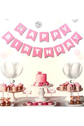 Pembe Üstüne Gümüş Gri Yaldızlı Happy Birthday Yazılı Doğum Günü Partisi Karton Ipli Yazı Banner