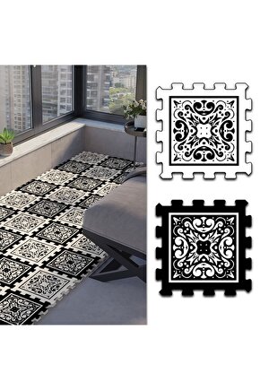 Siyah Beyaz Desenli Yıkanabilir Balkon Halıs Thb13 | Yapboz Halı | Puzzle Halı