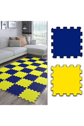 Sarı Lacivert Dekoratif Yıkanabilir Salon Halısı Ths31 | Yapboz Halı | Puzzle Halı