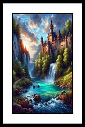 Kale ve Minik Şelale Digital Art ( ÇERÇEVESİZ - ÇERÇEVE YOKTUR ) ( ULTRA HD ) FOLYO AFİŞ - POSTER