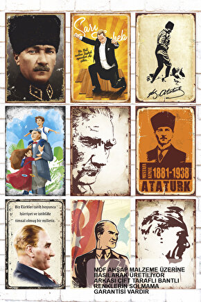 9 Parça Karışık Ahşap Tablo Seti  Atatürk Zeybek Efe oynarken poster seti