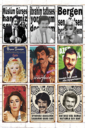 9 Parça Karışık Ahşap Tablo Seti arabesk müzik şarkıcıları retro ahşap poster seti