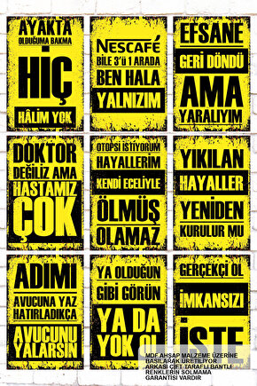 9 Parça Karışık Yazılı Ahşap Tablo Seti sarı zeminli duvar yazıları atarlı komik posterler