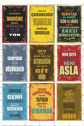 9 Parça Karışık Yazılı Ahşap Tablo Seti motivasyon sözleri duvar yazıları