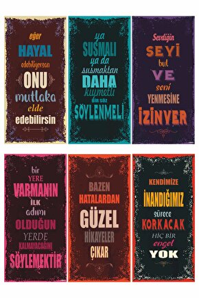 Motivasyon Eğlenceli Öğretici Duvar Yazıları-1- 6lı Mini Retro Ahşap Poster Seti