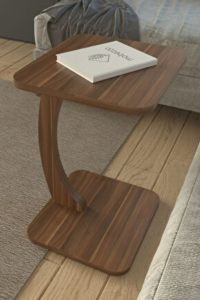 C Ayaklı Modern Yan Sehpa Koltuk Yanı Laptop Kahve Kitap Şehpası Servis Sehpası Dikdörtgen Ceviz