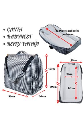 Çantalı Babynest, Bebek Çantası, Taşına Bilir Ebeveyn Yanı Reflü Yatağı Kazayağı Desenli