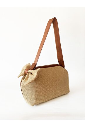 Kadın Kahverengi Biyeli Fiyonk Detaylı Çıkarılabilir Saplı Jüt Hasır Omuz ve El Çantası