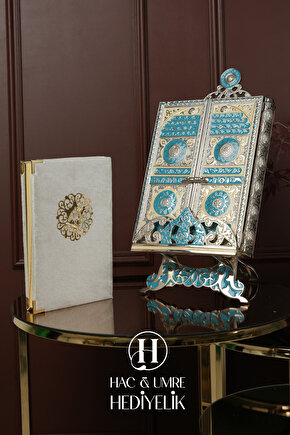 Gümüş Kaplama Kuran Kabı ve Kadife Kuranı Kerim Seti | Hediyelik Lüks Stantlı Kuran Kutusu ve Kuran