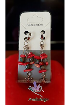 Doğal Taş MERCAN Küpe Gümüş Kaplama