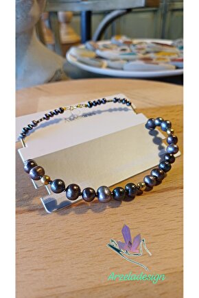 925 Ayar Gümüş Doğal Taş Kolye Siyah İnci