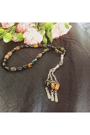 Doğal Taş Erkek Arpa Akik Tesbih Gümüş Kaplama