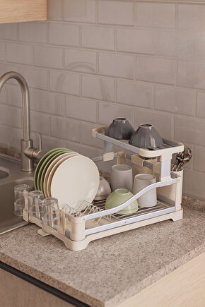 2 Katlı Büyük Boy Bulaşıklık – 53x37x26,5 cm Paslanmaz Çelik Tabak Bardak Kurutmalık Düzenleyici