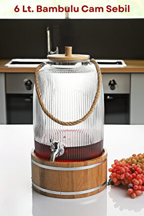 Bambulu Musluklu Cam İçecek Sebili 6 L Bambu Standlı, Halat Kulplu Şık Sunum Damacanası Su Sebili
