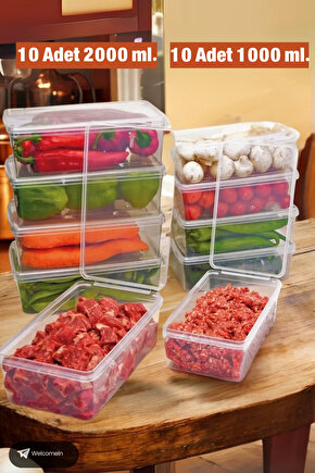 10 Adet 2 Lt. 10 Adet 1 Lt Kendinden Kapaklı Derin Dondurucuya Uygun Buzluk Saklama Kabı Düzenleyici