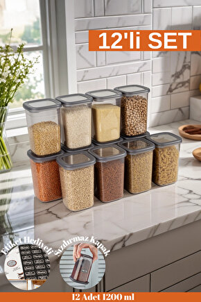 12 Adet 24 Parça Etiket Hediyeli 1200 ml. Sızdırmaz Kapaklı Kare Erzak Bakliyat Saklama Kabı Seti