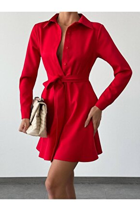 Kadın Kuşaklı Atlas Kumaş Mini Gömlek Elbise