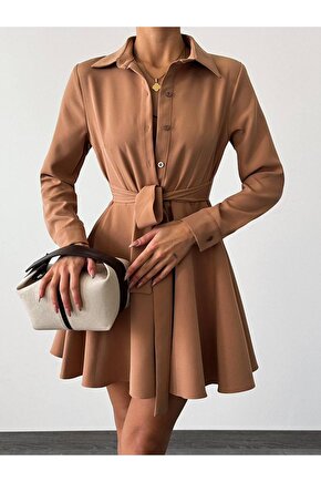 Kadın Kuşaklı Atlas Kumaş Mini Gömlek Elbise
