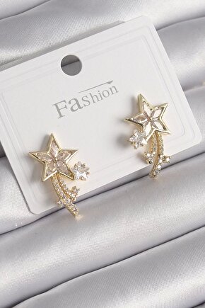 Pirinç Gold Renk Zirkon Taşlı Kuyruklu Yıldız Model Kadın Küpe