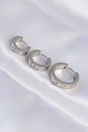 316L Çelik Gümüş Renk Zirkon Taşlı  Model 3 lü Halka Küpe