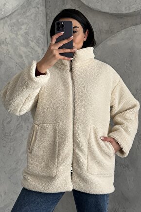 Kadın Bej Oversize Peluş Mont - Çift Fermuarlı, Dik Yakalı