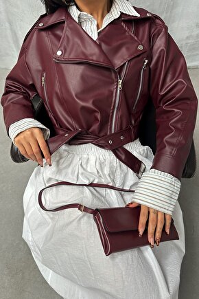 Bel Kemer Detaylı Crop Biker Deri Ceket