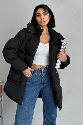 Kadın Kapüşonlu Şişme Uzun Mont