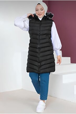 Kürklü Kapüşonlu Uzun Siyah Şişme Yelek