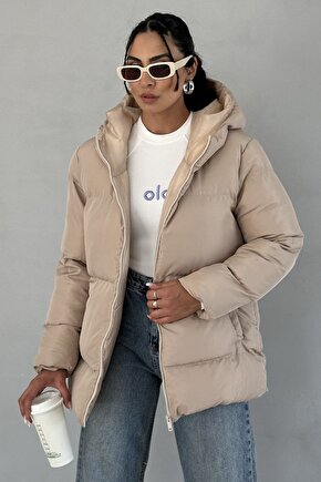 Kadın Bej Kapüşonlu Şişme Mont