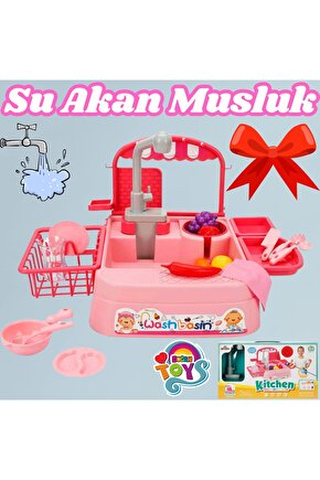 Pembe Su Akıtan Mutfak Lavabosu Seti - Çeşmeli Sesli Lavabo - Mutfak Seti - Su Akan Musluk - Akan Mu