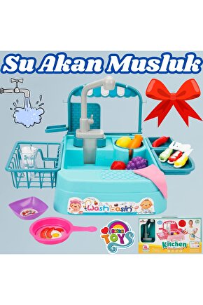 Mavi Su Akıtan Mutfak Lavabosu Seti - Çeşmeli Sesli Lavabo - Mutfak Seti - Su Akan Musluk - Akan Mus