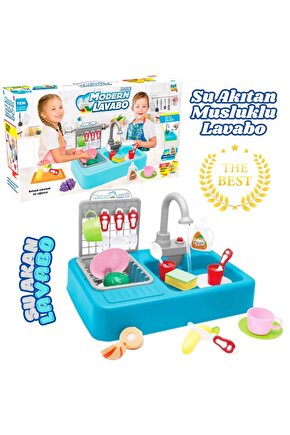 Su Akıtan Modern Mutfak Seti - Çeşmeli Işıklı ve Sesli Lavabo - Mutfak Seti - Su Akan Musluk - Mavi