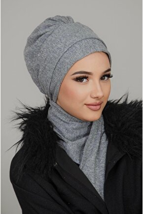 Gri Hazır Atkılı Tesettür Bone