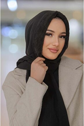 Siyah Kürk Kapüşonlu Çıtçıtlı Şal