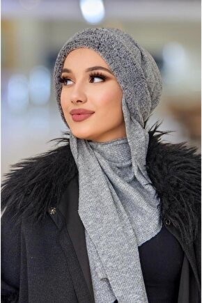 Gri Kürklü Kelebek Bone Şal