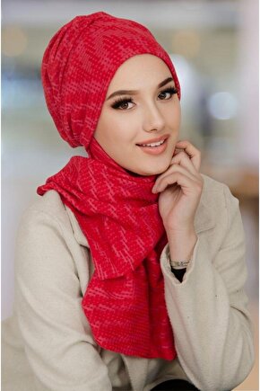 Kırmızı Desen Kışlık Kelebek Bone Şal