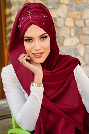 Bordo Işıltılı Taşlı Abiye Şal