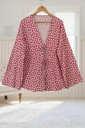 Pudra Çiçekli Önü Bağlamalı Kimono Tunik  Ütü İstemez 85 CM BOY