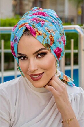 Turkuaz Çiçekli Tokalı Bone