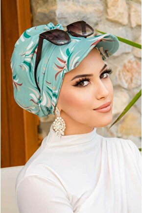 Mint Desenli Tesettür Şapka Bone