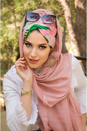 Pudra Yaprak Desenli Hazır Şal