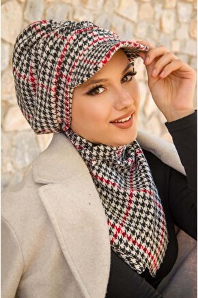 Kırmızı Kazayağı Büzgülü Tesettür Şapka