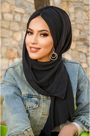 Siyah Kelebek Model Büzgülü Bone Şal