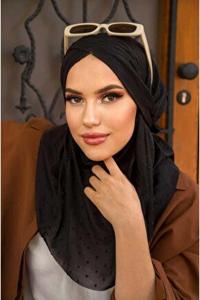 Siyah Ponpon Çapraz Bantlı Medium Size Hijab - Hazır Şal