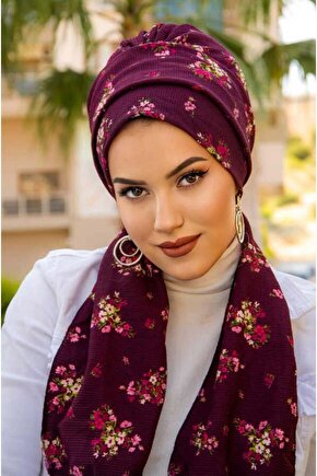 Mürdüm Buket Desenli Atkılı Bone