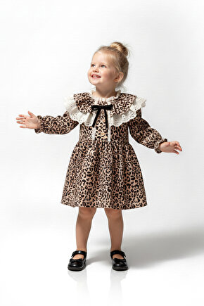 Kız Bebek Elbise Kız Çocuk Elbise Leopar Doğum Günü Parti Düğün Özel Gün Uzun Kol Astarlı Elbise