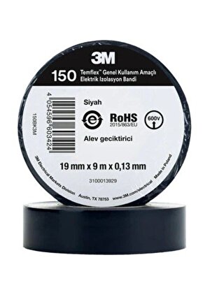 Siyah İzole Elektrik Bantı (0,13mmx19mmx9,14Metre) Elektrik Bandı SİYAH 3m