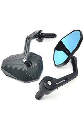 Motosiklet Gidon Ucu Cnc Kesim Mat Siyah Geniş Mavi Cam Ayna