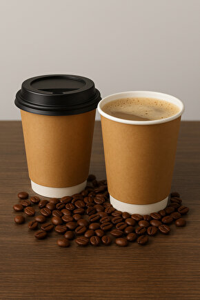 14 OZ DOUBLE WALL KRAFT GÖRÜNÜM KARTON BARDAK + SİYAH KAPAKLI 50Lİ
